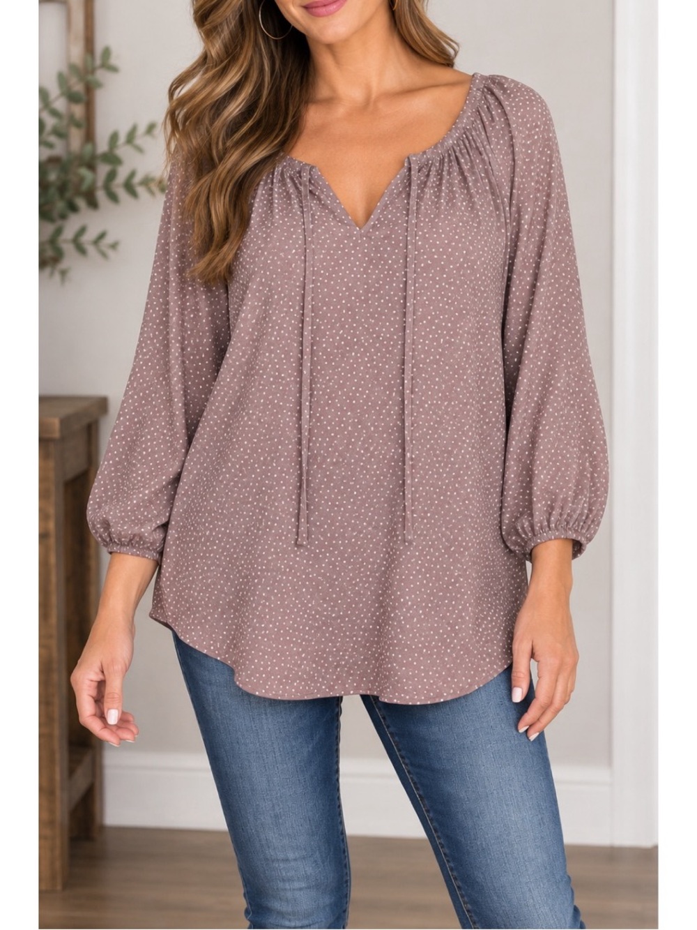 Loft Soft mauve/taupe blouse with a delicate allover white polka-dot print